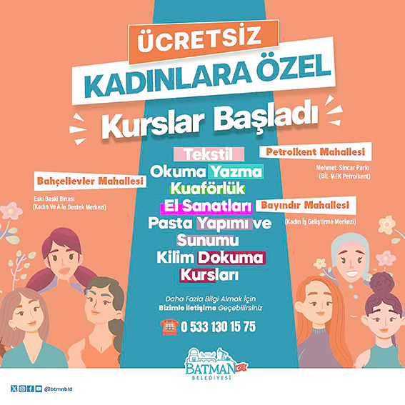 BELEDİYEDEN KADINLARA ÖZEL ÜCRETSİZ KURSLAR
